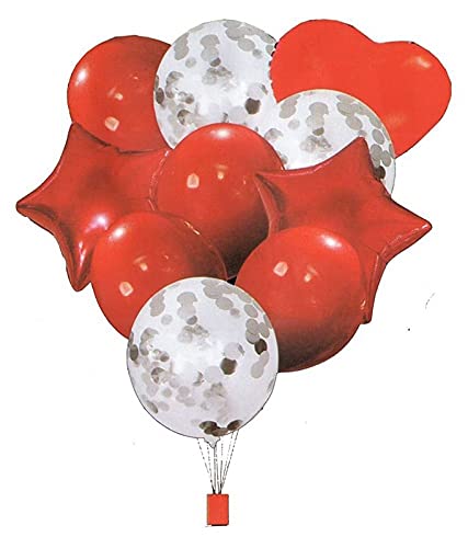 Red Confetti Balloons 10 Pcs Set. (4 Pc Metallic Balloons And 3 Pc Confetti Balloons ,1 Heart Foil Balloon And 2 Pc Star Balloon)