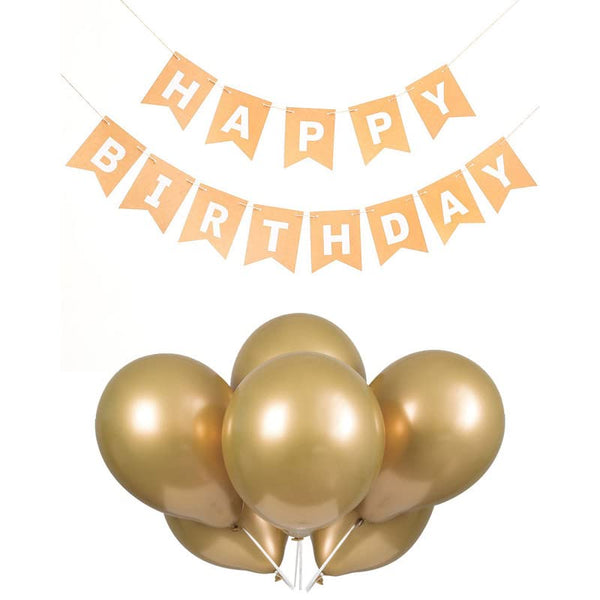 Peach Happy Birthday Banner And Gold Metallic Balloons
