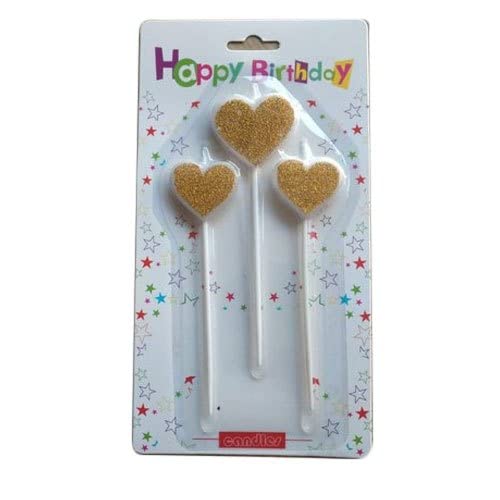 13 Cm Golden Glitter Heart Cake Candles (Pack of 3)