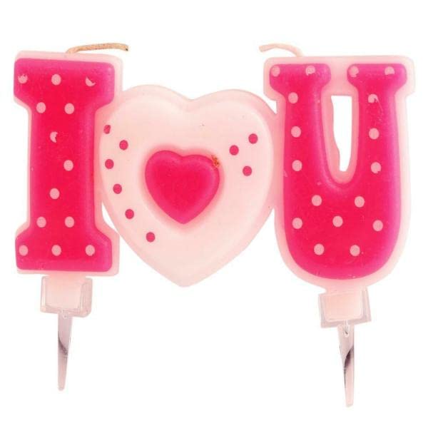 Pink Color White Dotted I Love You Heart Shape Cake Topper Candle