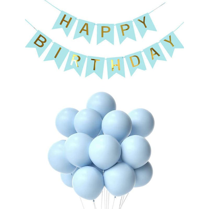 Light Blue Happy Birthday Banner And Pastel Blue Metallic Balloons (Pack of 30)