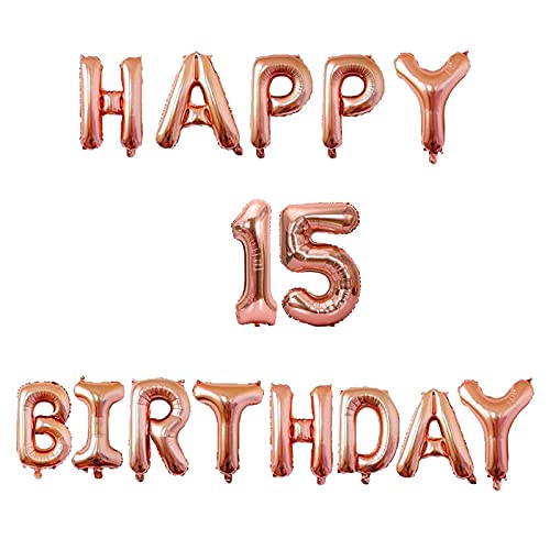 16 Inch 15th Happy Birthday Alphabets & 16 Inch 15 Number Rosegold Foil Balloon