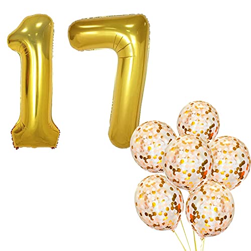 32 Inch Number 17  Gold Foil Balloon With Confetti Balloons