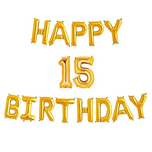16 Inch 15th Happy Birthday Alphabets & 16 Inch 15 Number Gold Foil Balloon