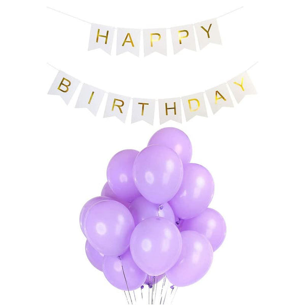White Happy Birthday Banner And Pastel Purple Metallic Balloons (Pack of 30)