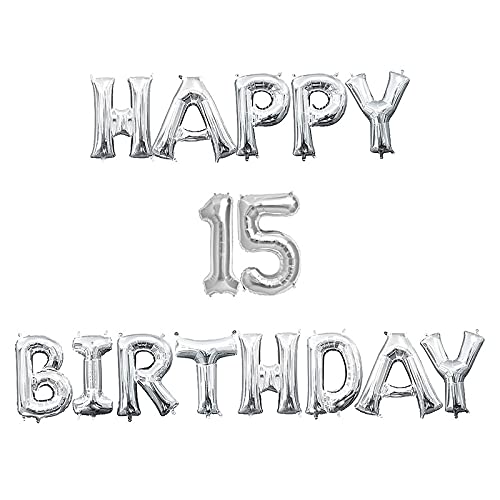 16 Inch 15th Happy Birthday Alphabets & 16 Inch 15 Number Silver Foil Balloon