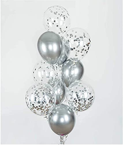 Silver Color And Clear Confetti Shining Metallic Latex Glitter Balloons Set (Pack of 10)