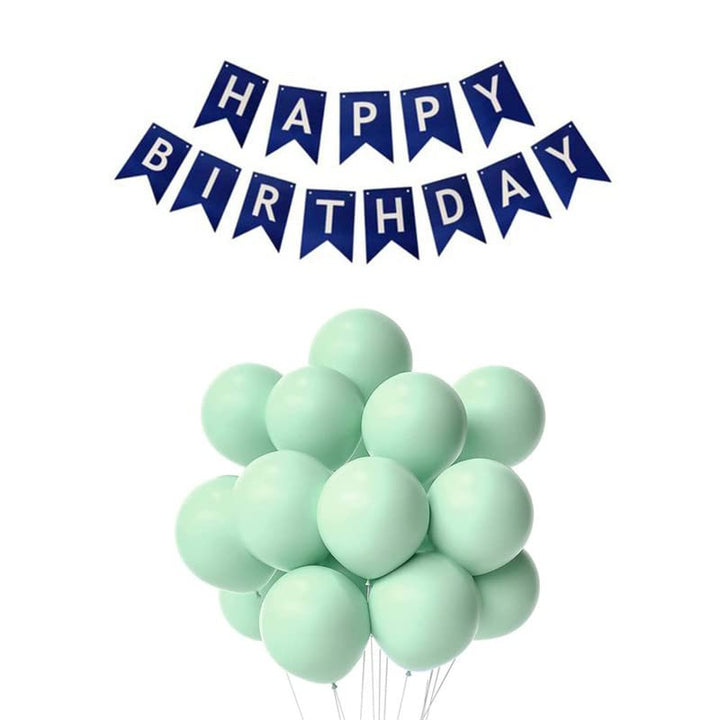 Dark Blue Happy Birthday Banner And Pastel Green Metallic Balloons