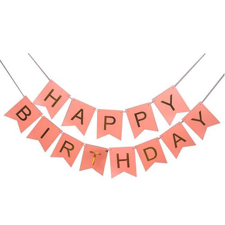 Peach Happy Birthday Banner And Pink Metallic Balloons (Pack of 30)