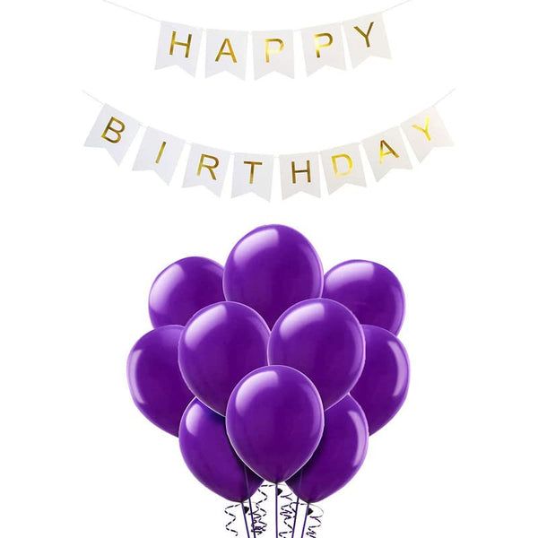 White Happy Birthday Banner And Purple Metallic Balloons (Pack of 30)
