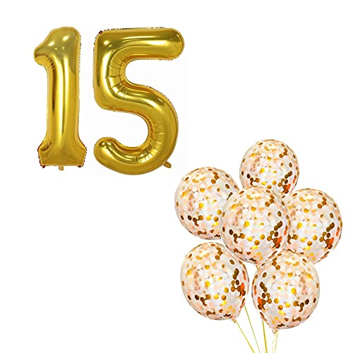 16 Inch Number 15  Gold Foil Balloon With Confetti Balloons
