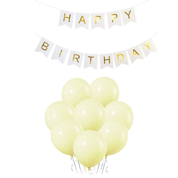White Happy Birthday Banner And Pastel Yellow Metallic Balloons (Pack of 30)