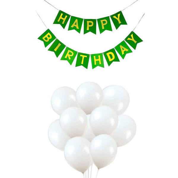 Dark Green Happy Birthday Banner And White Metallic Balloons
