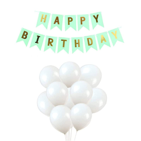 Pista Green Happy Birthday Banner And White Metallic Balloons (Pack of 50)