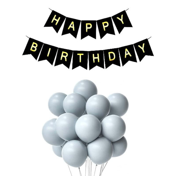 Black Happy Birthday Banner And Pastel Grey Metallic Balloons