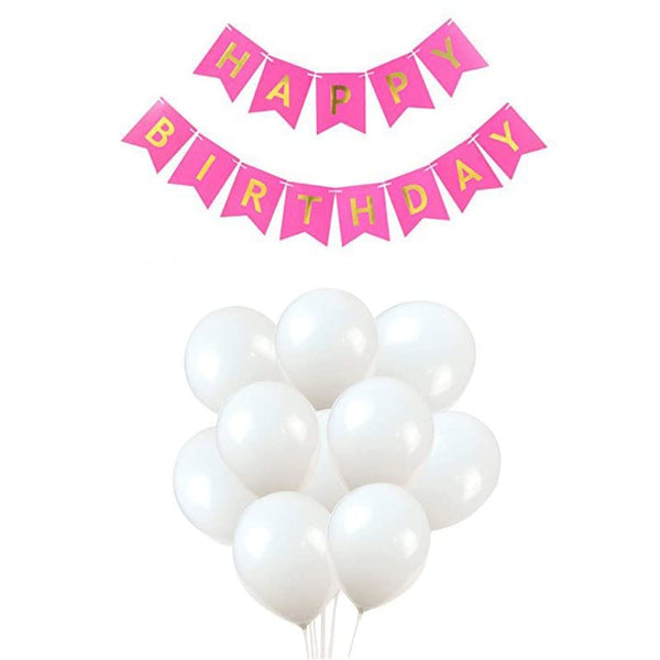 Dark Pink Happy Birthday Banner And White Metallic Balloons (Pack of 30)