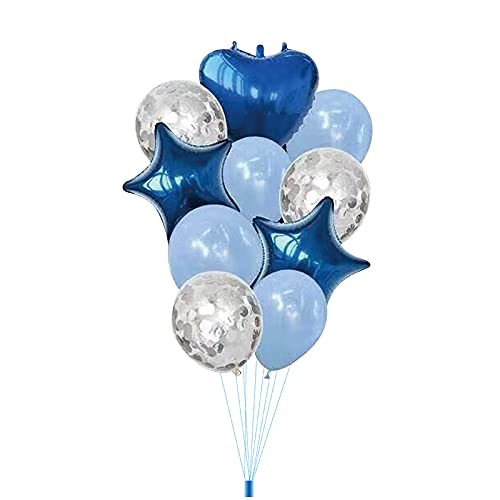 Blue Confetti Balloons 10 Pcs Set. (4 Pc Metallic Balloons And 3 Pc Confetti Balloons ,1 Heart Foil Balloon And 2 Pc Star Balloon)