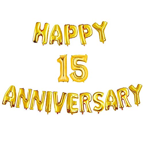 16 Inch 15th Happy Anniversary Alphabets & 16 Inch 15 Number Gold Foil Balloon