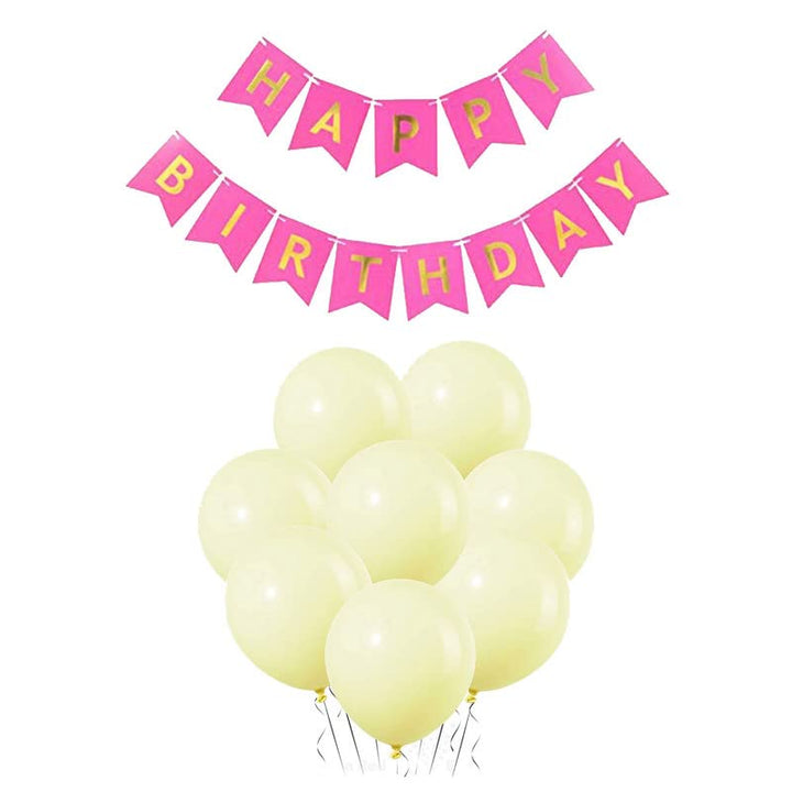 Dark Pink Happy Birthday Banner And Pastel Yellow Metallic Balloons (Pack of 30)
