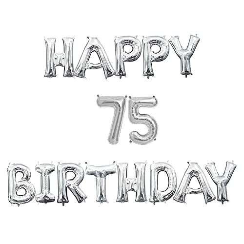 16 Inch 75th Happy Birthday Alphabets & 16 Inch 75 Number Silver Foil Balloon