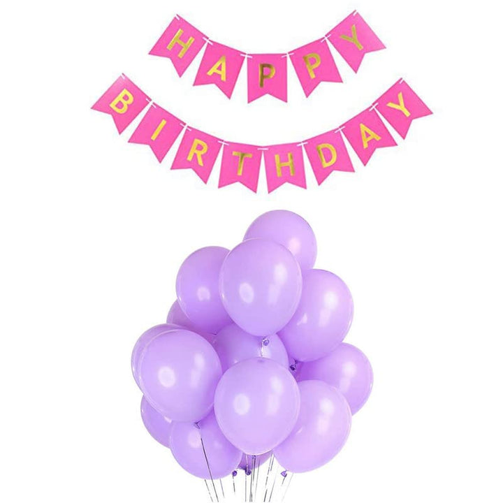 Dark Pink Happy Birthday Banner And Pastel Purple Metallic Balloons