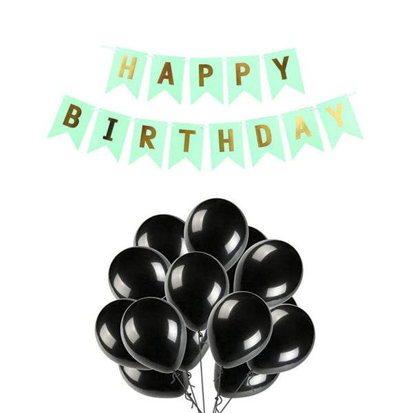 Pista Green Happy Birthday Banner And Black Metallic Balloons (Pack of 30)