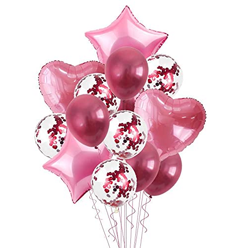 Dark Pink Confetti Balloons 10 Pcs Set. (4 Pc Metallic Balloons And 3 Pc Confetti Balloons ,1 Heart Foil Balloon And 2 Pc Star Balloon)