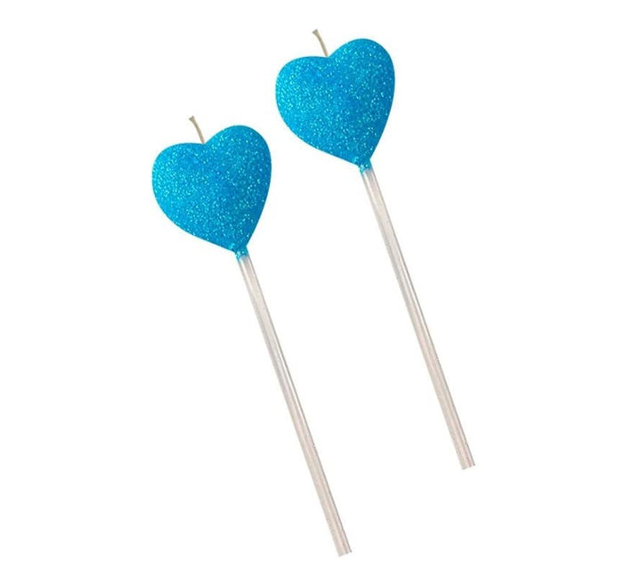 13 Cm Of Blue Glitter Heart Cake Candles (Pack of 3)