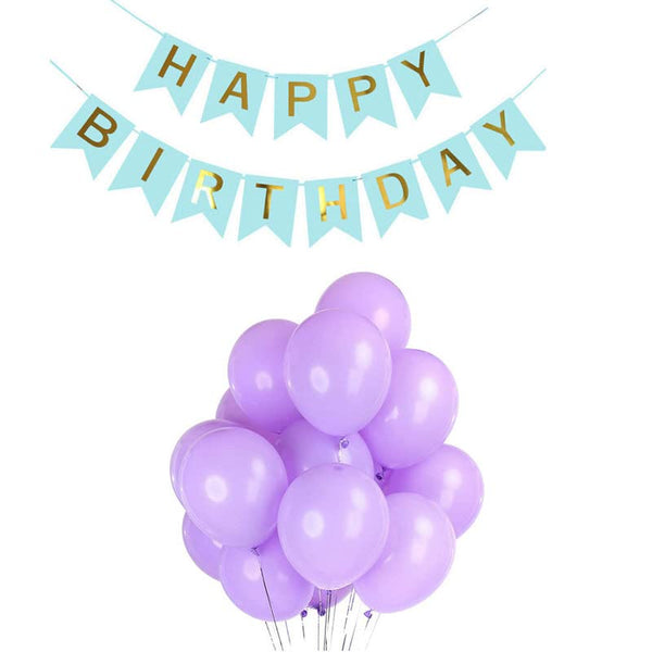 Light Blue Happy Birthday Banner And Pastel Purple Metallic Balloons (Pack of 30)