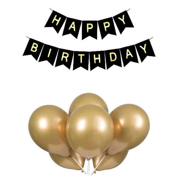 Black Happy Birthday Banner And Gold Metallic Balloons