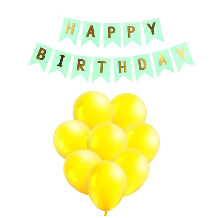 Pista Green Happy Birthday Banner And Yellow Metallic Balloons (Pack of 50)
