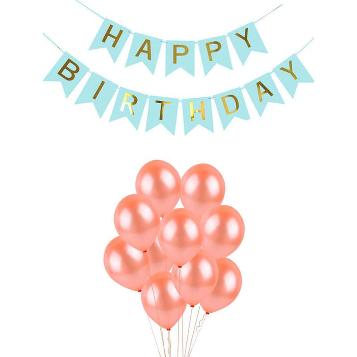 Light Blue Happy Birthday Banner And Rose Gold Metallic Balloons