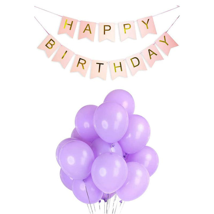 Pink Happy Birthday Banner And Pastel Purple Metallic Balloons