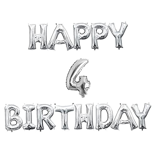16 Inch 4th Happy Birthday Alphabets & 16 Inch 4 Number Silver Foil Balloon