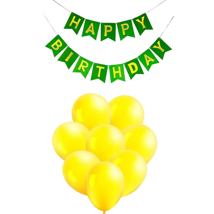 Dark Green Happy Birthday Banner And Yellow Metallic Balloons (Pack of 30)