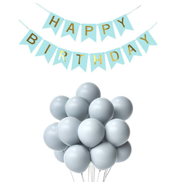 Light Blue Happy Birthday Banner And Pastel Grey Metallic Balloons