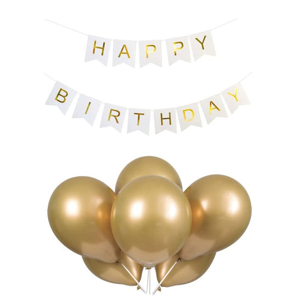 White Happy Birthday Banner And Gold Metallic Balloons (Pack of 30)