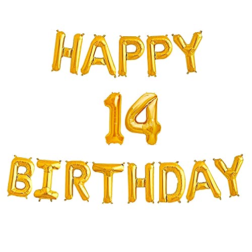 16 Inch 14th Happy Birthday Alphabets & 16 Inch 14 Number Gold Foil Balloon