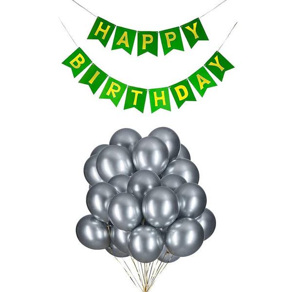 Dark Green Happy Birthday Banner And Silver Metallic Balloons (Pack of 50)