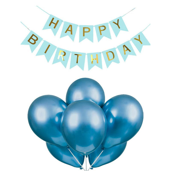 Light Blue Happy Birthday Banner And Blue Metallic Balloons (Pack of 30)