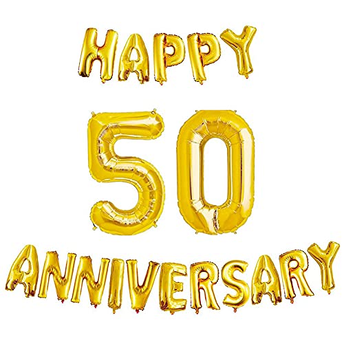 16 Inch 50th Happy Anniversary Alphabets & 32 Inch 50 Number Gold Foil Balloon
