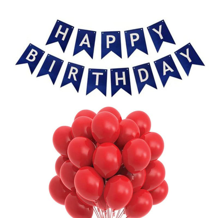Dark Blue Happy Birthday Banner And Red Metallic Balloons (Pack of 50)