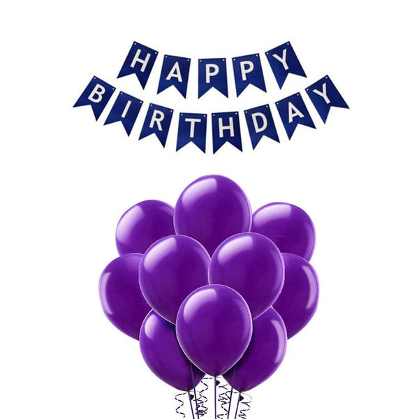 Dark Blue Happy Birthday Banner And Purple Metallic Balloons (Pack of 50)