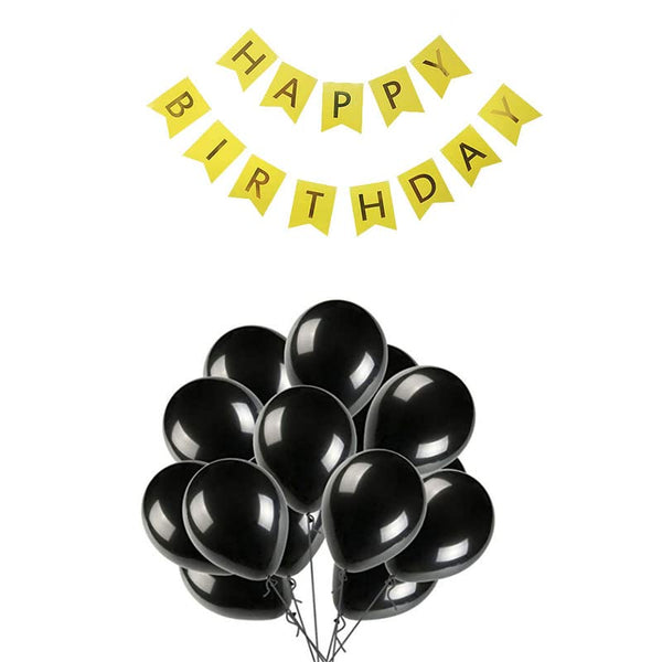 Yellow Happy Birthday Banner And Black Metallic Balloons (Pack of 50)