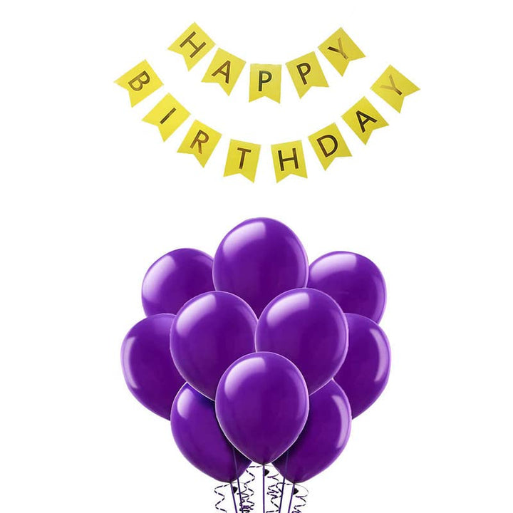 Yellow Happy Birthday Banner And Purple Metallic Balloons (Pack of 30)