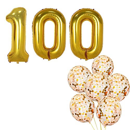 32 Inch Number 100  Gold Foil Balloon With 10 Pcs Confetti Balloons