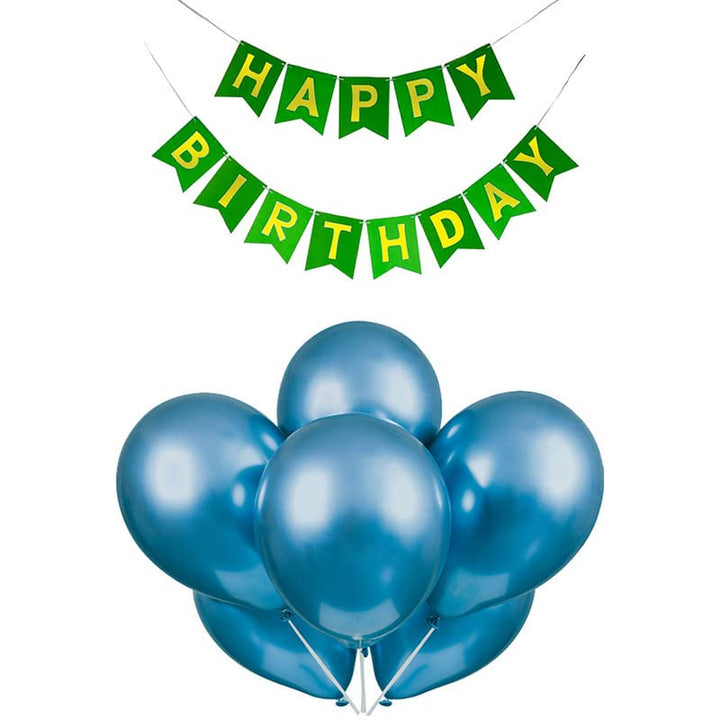 Dark Green Happy Birthday Banner And Blue Metallic Balloons