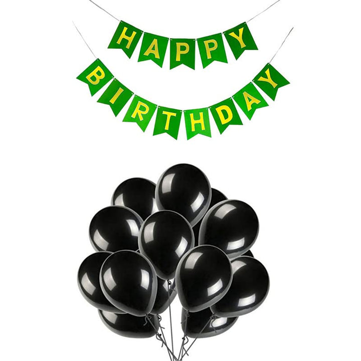 Dark Green Happy Birthday Banner And Black Metallic Balloons (Pack of 30)