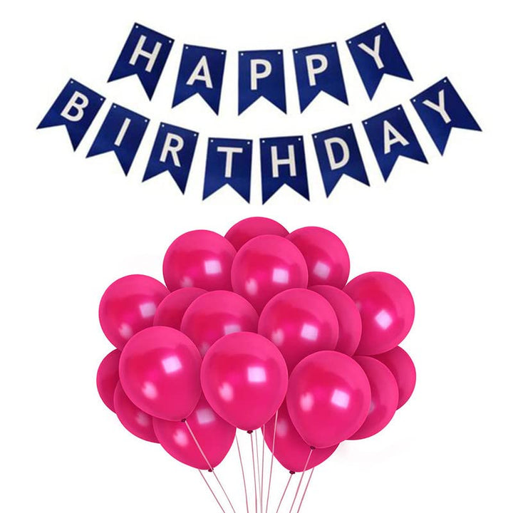 Dark Blue Happy Birthday Banner And Pink Metallic Balloons (Pack of 50)