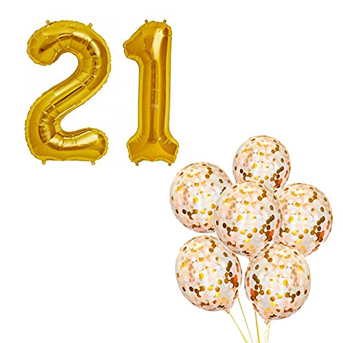 16 Inch Number 21  Gold Foil Balloon With 5 Pcs Confetti Balloons